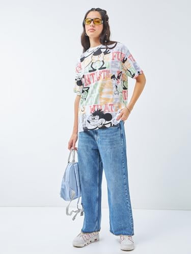Image of Bewakoof X Disney Mickey Women's 100% Cotton Graphic Print Oversized Fit Half Sleeve Round Neck T-Shirt | Casual wear | Streetwear | Oversized Tshirt for Woman Cotton| Baggy