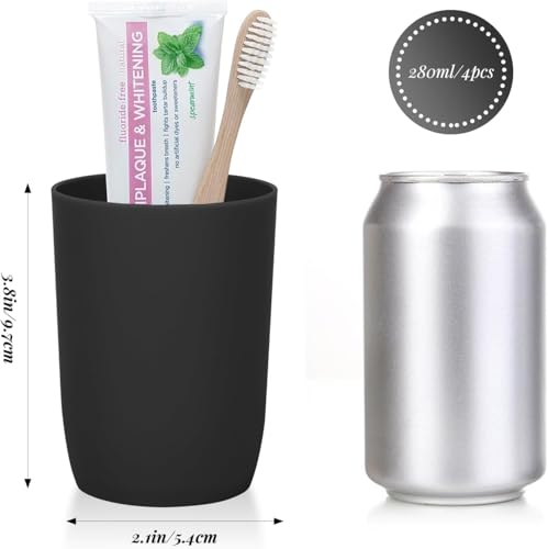AstraLoom Toothbrush Holder with Cups, 4pcs Unbreakable Bathroom Tumblers 350ml, Dishwasher Safe Plastic Toothbrush & Makeup Brush Organizer, Reusable Drinking Glasses for Bathroom Counter(Black)