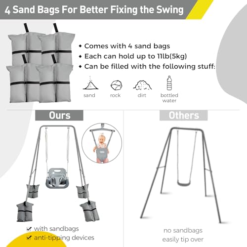 Image of FUNLIO 2 in 1 Swing Set for Toddler & Baby Jumper, Heavy Duty Kids Swing & Bouncer with 4 Sandbags, Foldable Metal Stand for Indoor /Outdoor Play, Easy to Assemble and Store - Grey