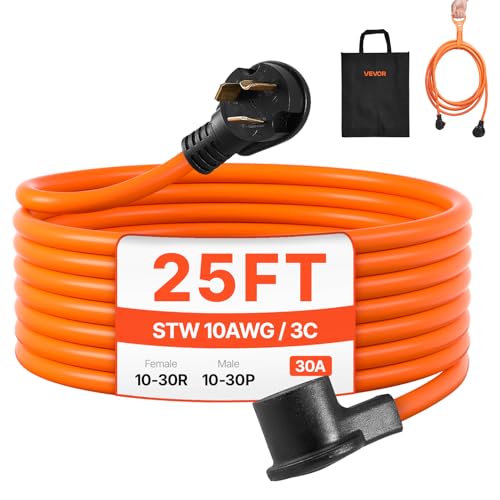 VEVOR 25 ft Dryer Extension Cord, 3-Prong NEMA 10-30P to 10-30R Dryer Cord, 125V/250V STW 10AWG/3C, 30A, Pure Copper Wire Cable with Black Non-Woven Bag and PVC Cable Tie, Ideal for Indoor & Outdoor
