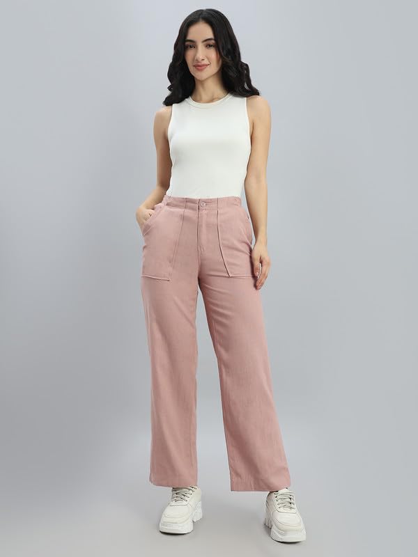 Image of GO COLORS Solid Linen Cargo Pants for Women | Full Length, Mid Rise, Side Pockets