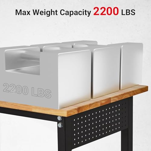 48" x 24" Workbench, MERXENG Heavy Duty Work Bench with Power Outlet, Scales, Pegboard, 6 Hooks, 2200 LBS Load Capacity, 8 Adjustment Height Work Table for Garage, Workshop, Office, Home, Wheels