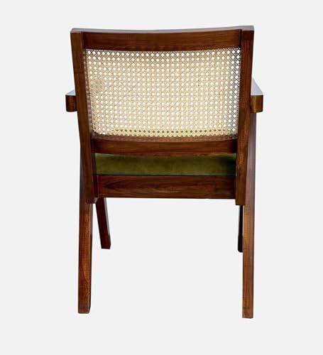 Image of Sainistree Furniture Solid Sheesham Wood Rattan Armchair - Teak Brown Cane Back Chair with Green Upholstery - Elegant Wooden Chair for Living Room, Bedroom, Dining, Indoor & Outdoor Furniture