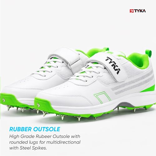 Image of TYKA Cricket Shoes Spikes for Junior | Synthetic PU Upper | Genuine Rubber and Phylon Sole | Lace Closure | Field Sports Shoes | Grip Support | Practice & Match Play