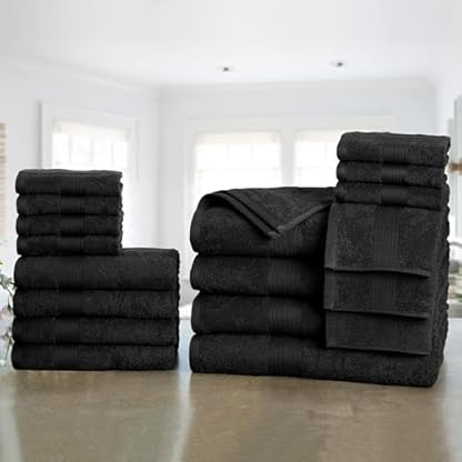 Ample Decor Badezimmer Handtuch Set 18-4 Handtuch, 4 Badetuch, 10 Waschlappen - Oeko Tex Zertifiziert 600GSM 100% Baumwolle - Hohe Saugfähigkeit Schnell Trocknend, ideal zum Verschenken - Schwarz – Bild 3