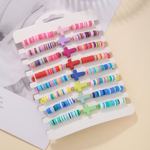 8Pcs Bohemian Rainbow Polymer Clay Cross Stretch Bracelets - Colorful Stackable Cross Beads Elastic Bracelet for Women - Summer Beach Friendship Jewelry Gifts3