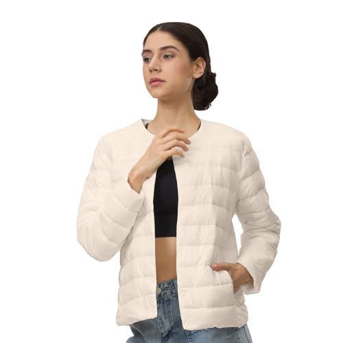 Comfitude Women's Quilted Lightwight Puffer Jacket, Collarless Down Jacket Coats with Pockets, Portable Coat with Storage Bag (US, Alpha, Medium, Regular, Regular, Apricot)
