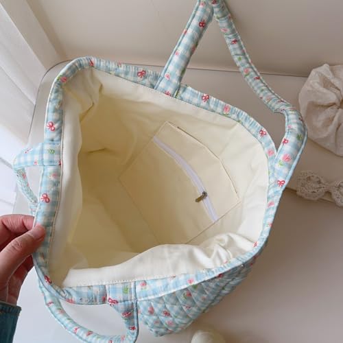 Image of Floral Quilted Cotton Shoulder Bag for Women Daily Use Medium Size Handbag Large Capacity Thickened Design Tote