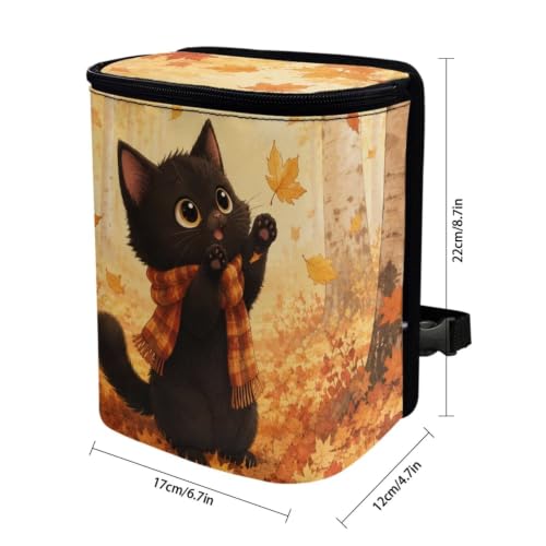 Image of Talayituse Black Cat Maple Print Car Trash Can with Lid, Leak Proof Auto Trash Bag Hanging Vehicle Garbage Can Multipurpose Storage Container for Back Seat Road Trip Autumn Decor