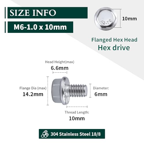 Image of M6-1.0 x 10mm Hex Flange Bolt (0.39 inch Thread Length), DIN6921, Serrated Locking Flange, 304 Stainless Steel, UNC Full Thread, 25-Pack