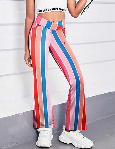 Image of Zaclotre Girls Flare Leggings High Waisted Yoga Pants with Pockets 5-16 Y | Kid Bell Bottoms, Wide Leg Pant, School Uniform, Casual Clothes, V Crossover Waist, Stretchy, Athletic, Dance