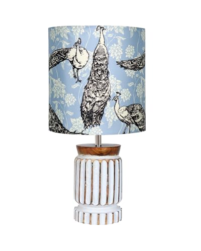 Image of Homesake Retro Farmhouse Table Lamp for Living Room Bedroom Rustic Linen Bedside Nightstand Lamps for Kids Room Study Office Wood, Carved Cylinder, (Peacock and Fowl)