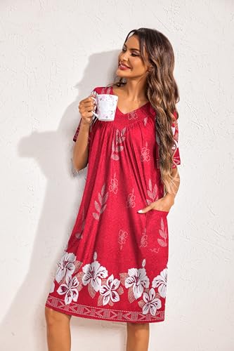 Image of Ekouaer Womens House Dress Floral Print Nightgown with Pockets Mumu Dress | V Neck Nightgowns for Women Pleated Short Sleeves Mumu Dresses Knee Length Moo Moo for Sleep, Daily Wear, Vacation, Party