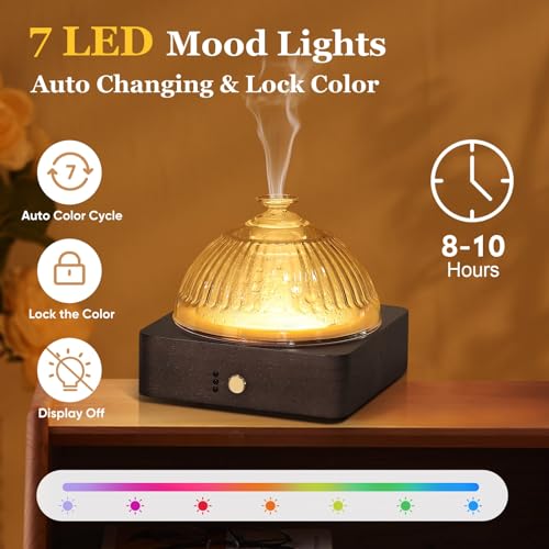 Image of Lecdura Glass Essential Oil Diffuser with Glass Reservoir & WoodBase, 200ml Ultrasonic Lock Color Timer Auto-Off 7 Color Light Aroma Glass Dome Diffuser for Home Office Bedroom Yoga - Dark Brown
