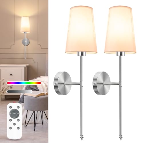 Image of NIORSUN Brushed Nickel Battery Operated Wall Sconce Set of 2,Rechargeable Wall Lights with 10400mAh Dimmable Detachable Bulbs and Remote,9 Colors Wireless Sconces for Bedroom Living Room Hallway