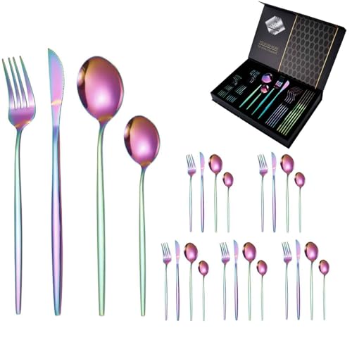 24 PCS Cutlery Set with 6*knife, 6*fork, 6*spoon, 6*tea Spoon Serving for 6, Slim Handle, Matte, Easy to Clean, Mirror Polished, Dishwasher Safe(Rainbow Color,B)