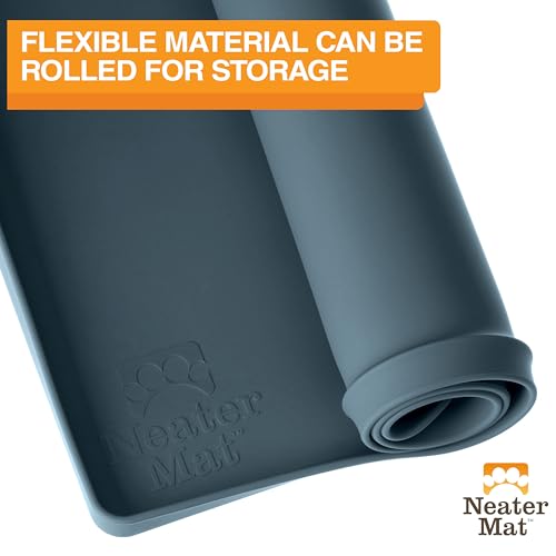 Image of Neater Pet Brands Neater Mat Pet Mats for Food and Water, Cat & Dog Bowl Mat Waterproof Silicone, Feeding Tray, Dog Food Mats for Floors, Placemat w /Raised Edge for Under Bowls, 19 inch x 12 inch, Slate Blue