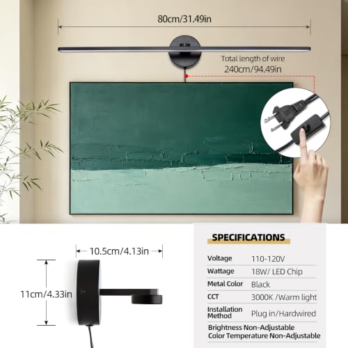 Image of 32 inch Plug in Bathroom Vanity Light Fixtures Modern Black Vanity Lights Over Mirror, 3000k Warm Light Non-Dimmable 18w Eye-Friendly Picture Light Led Wall Lights for Art,Poster,Gallery