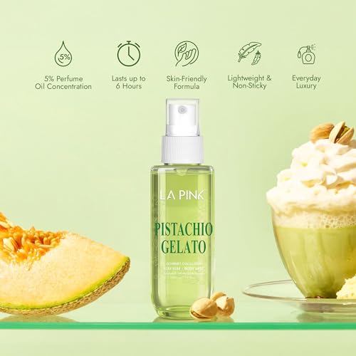 Image of La Pink Body Mist Perfume for Woman | Pistachio Gelato Tropical Gourmet Aroma with Vanilla, Musk & Creamy Woods | Skin Friendly Unisex Long Lasting Fragrance Spray | Lasts Up to 6 Hours | 50ml
