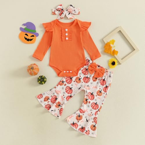 Fall Baby Girl Clothes Ruffle Sleeve Ribbed Romper Onesie Bell Bottom Pumpkin Pants Halloween Clothes Set2