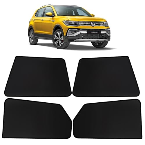 Image of OTO2EYE Car Sun Shade Compatible for Volkswagen Taigun Model-2021 Onwards, Z-Black Fix Type Side Window Curtains, Only Half Cut in Front Window, 4 Pieces Set