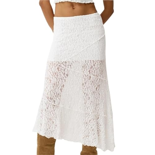Women Lace Midi Skirt Floral Sheer See-Through Irregular Hem A-line Skirt Fairy Streetwear Chic Long Skirt(Small)