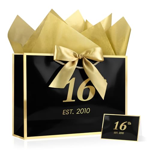 Image of JMANNI 16th Birthday Gift Bag with Card and Tissue Paper for Men Women Him, 14.2 inch Elegant Black Gold Anniversary Keepsake Party Present Shopping Paper Bags for Gifts Wrapping (EST.2010 /Black /Large)
