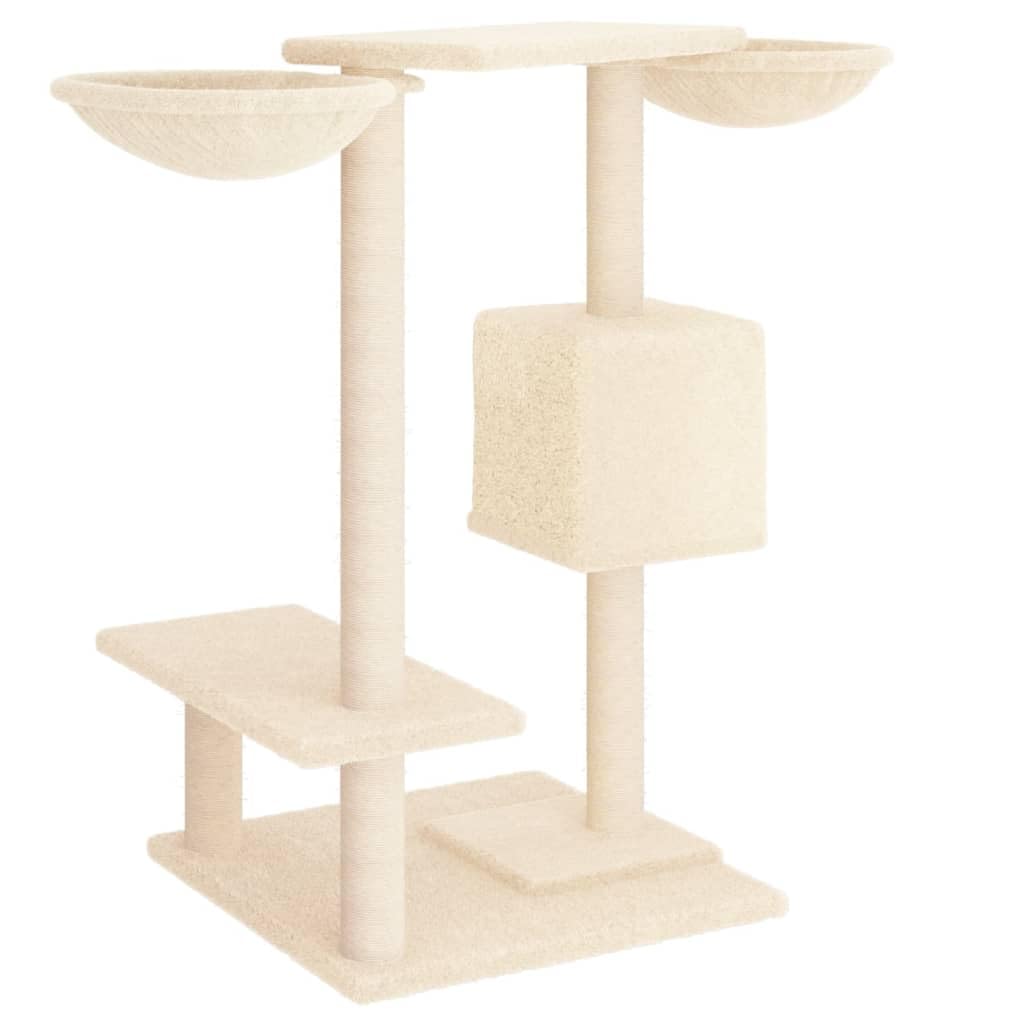Kratzbaum 82 cm hoch Katzenbaummit 2 Katzenhäusern Creme | Mehrstufiger Spielturm aus Holzwerkstofffür das Wohnzimmer mit Sisal-Kratzsäulen und Liegemulden.