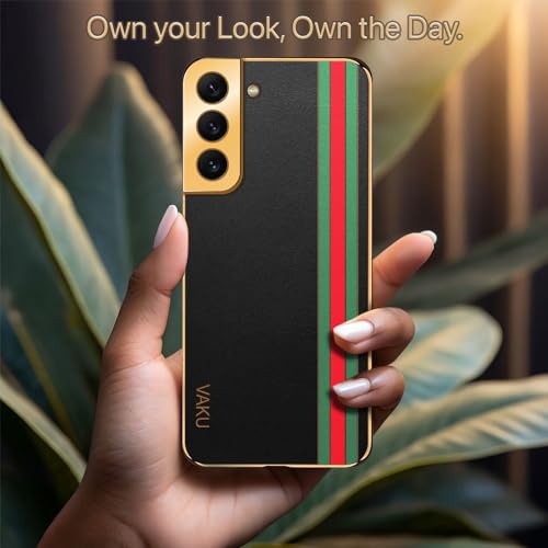Image of Vaku Luxos Felix Line Back Cover for Samsung Galaxy S22 5G with Leather Pattern Gold Electroplated Soft TPU Cover Shockproof Protective Case - Black