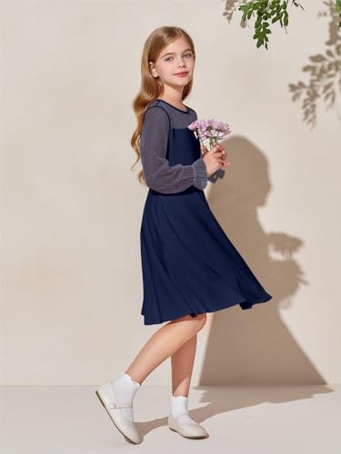 Haloumoning Girls Contrast Mesh Long Sleeve High Waist A Line Short Dress with Pockets, Navy Blue, 7-8 Years — view 3