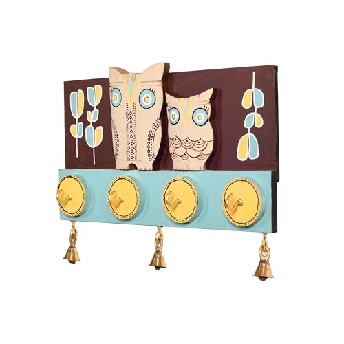Image of Aakriti Art Creations Key Holder, Julu Key Hanger with Mask Motifs and Beautiful Artwork | Rustic Wooden Wall Organizer with 4 Hooks | Storage Shelf For Keys, Hats| Multifunctional Entryway Decor Item