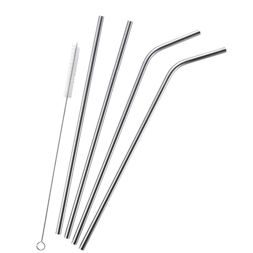 4'lü Paslanmaz Çelik Pipet ve Temizleme Fırçası; Meşrubat Pipeti, Yüksek Kalite, Çevre Dostu, Yeniden Kullanılabilir Pipet Seti | İçecekler için ve Hijyenik, 21 cm, Gümüş | 29-18