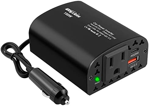 Bapdas 150W Car Power Inverter DC 12V to 110V AC Car Plug Outlet Adapter with PD 25W USB C & QC3.0 Car Laptop Charger
