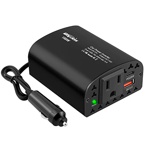 Bapdas 150W Car Power Inverter DC 12V to 110V AC Car Outlet Adapter with PD 25W &QC3.0 USB Ports Laptop Car Charger