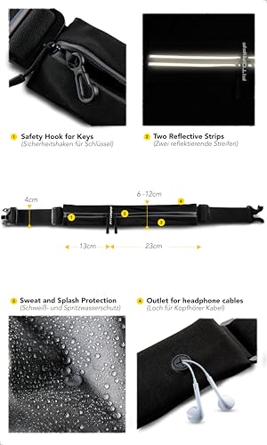 Fitgriff® Laufgürtel für Handy - Lauftasche Jogging, Hüfttasche, Sportgürtel, Running Belt zum Joggen, Laufen, Sport, Fitness - passend für alle Smartphones (Schwarz, 62-90cm Bauchumfang)