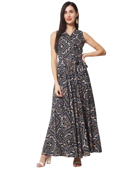 Image of Rudraaksha Women's Printed Maxi Dress Sleeveless Fit & Flare Long Dress || Western Dress for Women || Stylish Maxi Dress Dress || Summer Dress || Boho Printed Dress for Women