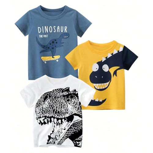 Boys Dinosaur Shirt 3 Pack Kids Short Sleeve T-Shirts Toddler Boy Tops Tee Size 2-8 Years