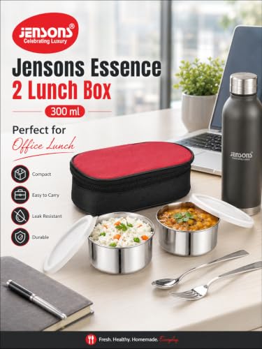 Image of JENSONS Premium Essence Stainless Steel Lunchbox 3pc Set (350ml x 2) Tiffin for Office, School & College with Food Grade Steel Leakproof & Dishwasher Safe