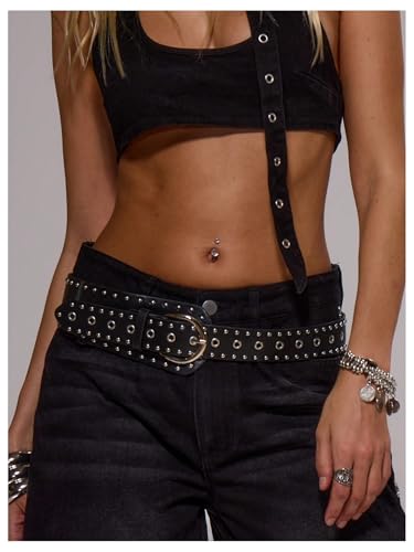 MakeMeChic Women's Rivet Faux PU Leather Belt Grommet Eyelet Buckle Punk Y2K Wide Belts3