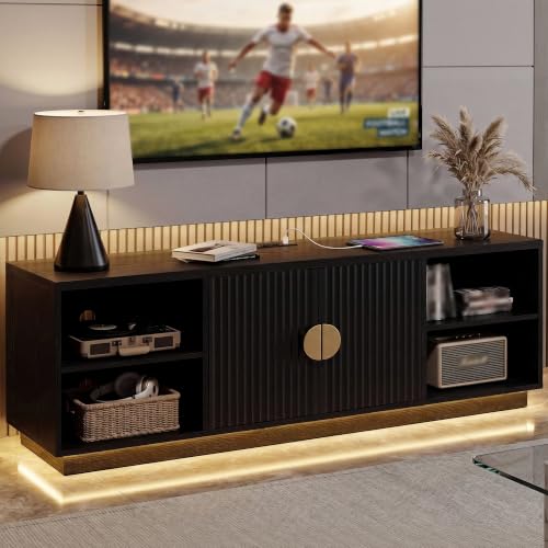 LIKIMIO TV Stand for TVs Up to 65 Modern Fluted Entertainment Center with Power Outlet RGB LED Light & Adjustable Shelves Media Console with Storage for Living Room Bedroom Black