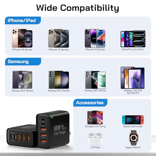 Image of 2Pack USB C Fast Charger Block, Total 60W 5-Port USB C Wall Charger 30W