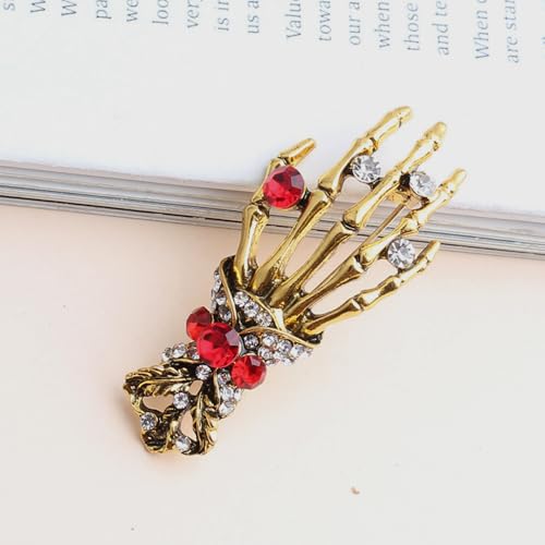 Image of Gothic Halloween Skull Hand Brooch Pin for Women Men Punk Vintage Crystal Skeleton Tassel Chain Lapel Pins Dark Skull Brooches Sweater Suit Accessory