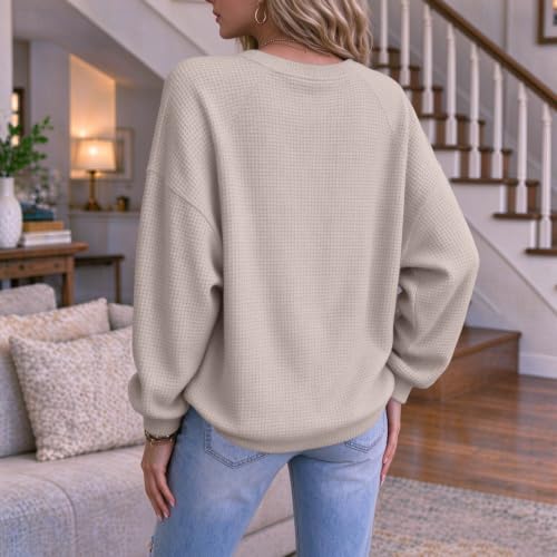 Women's Waffle Knit Tops Faux Layered V Neck Henley Tops for Women | Waffle Knit, Thermal Warm, Relaxed Fit, Drop Shoulder, Smart‑Casual, Long Sleeve, Fall Winter, Ribbed Texture, Oversized - image 4