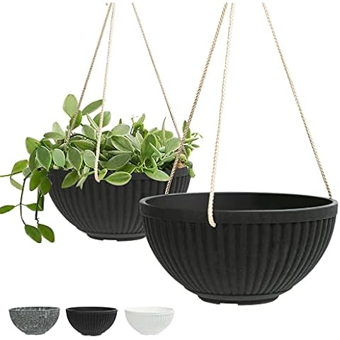 LaDoVita Hanging Planter Indoor, 10 Inch Hanging Basket Plant Pot Outdoor, Flower Pots with Drainage Holes, Set of 2, Frosted Black Cover