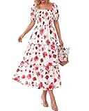 BTFBM Womens Square Neck Smocked Dress Summer Puff Short Sleeve Floral Casual Ruffle Tiered Maxi Wedding Guest Dresses(Floral White Red, Medium)