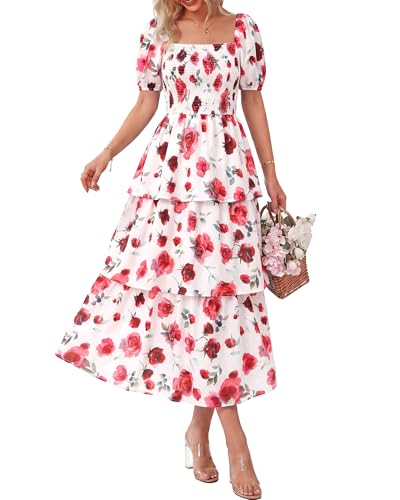 BTFBM Womens Square Neck Smocked Dress Summer Puff Short Sleeve Floral...