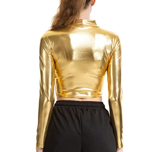 Dames metallic glanzende, crop top met lange mouwen.Dames effen glanzende, crop top, mock hals T-shirt. Club paaldans… - Afbeelding 3