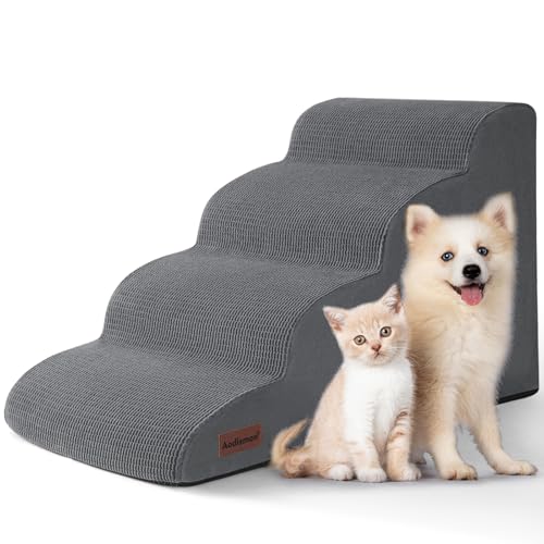 Aodisman 4-Step Dog Stairs and Ramp for Beds or Couches – Non-Slip Sturdy Pet Steps for Small Dogs and Cats,17.4" H,Grey