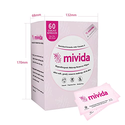 Mivida Makeup Remover Wipes, 60 Count - Hypoallergenic, Fragrance-Free, Alcohol-Free, Enriched With Vitamin E, Individually Wrapped Make Up Wipes For Travel #TOP2
