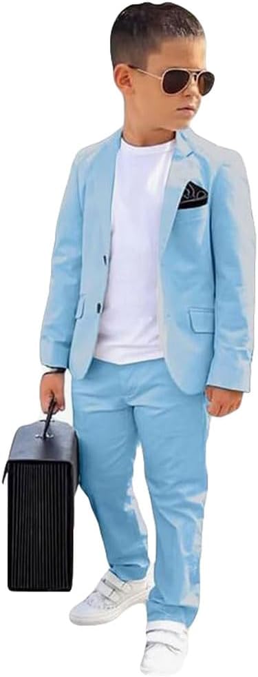 2 PC Solid Boys Suit Wedding Tuxedos Peak Lapel Summer Boys Suit Jacket Pants Outfit Kids Suit Set